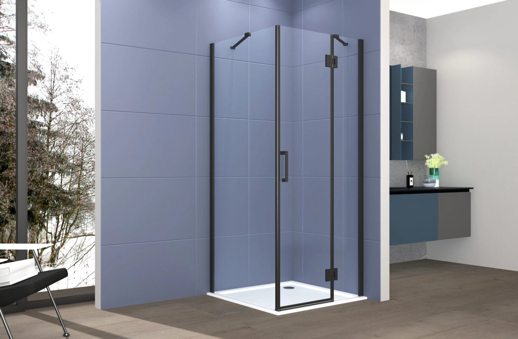 Box doccia 2 lati 90x90 cm fisso + porta un battente H200 cm cristallo 6mm profilo Nero Opaco PIPPO