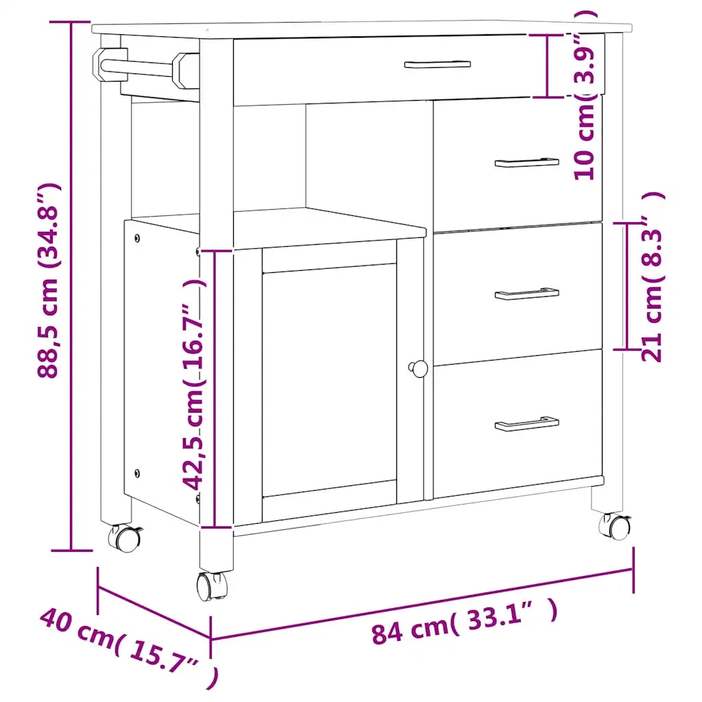Carrello da Cucina-Scaffale per Cucina MONZA 84x40x88,5 cm in Legno Massello di Pino 981703