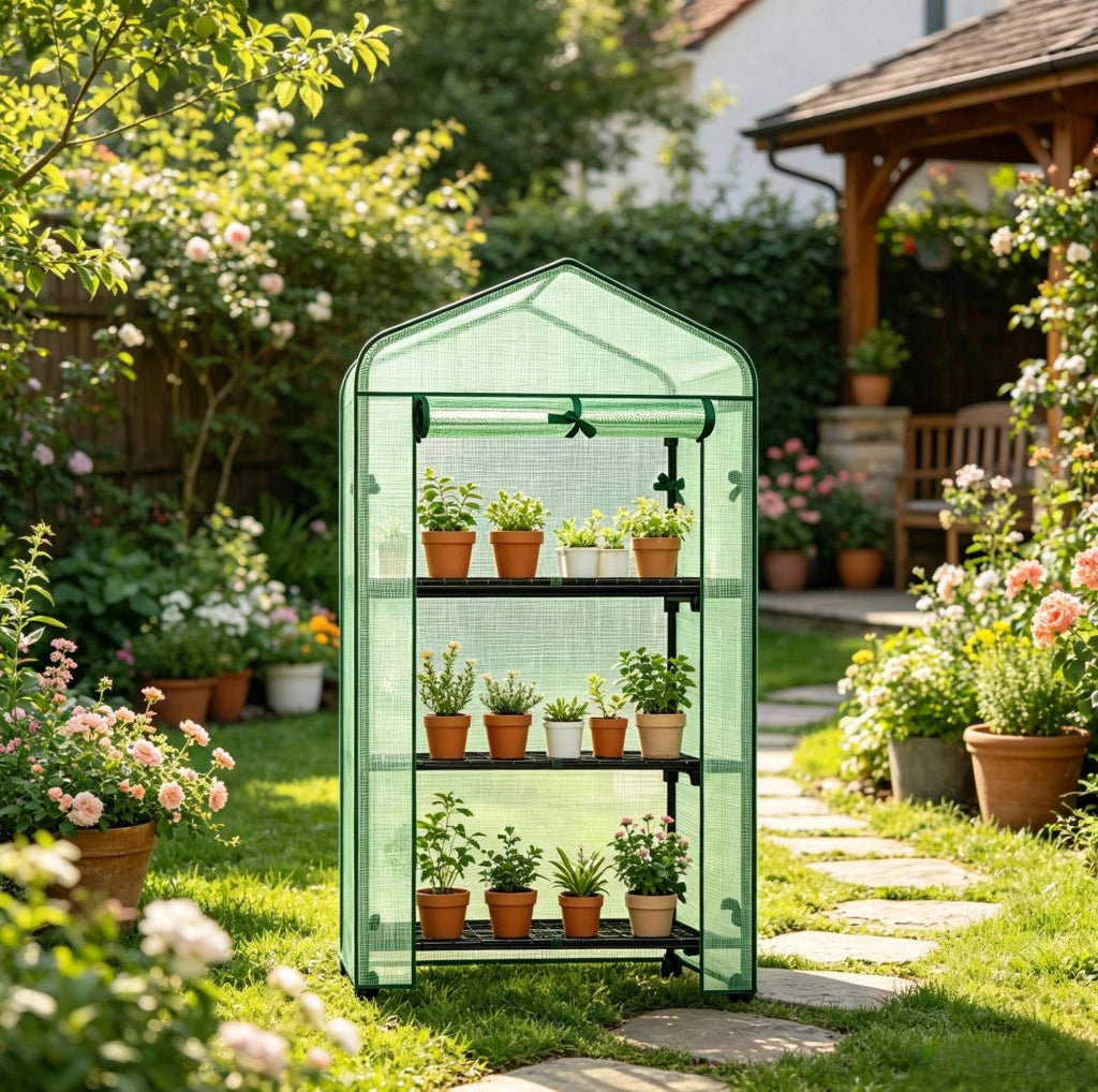 Serra da giardino 70x50x130 cm verde in PE con ruote e 3 ripiani