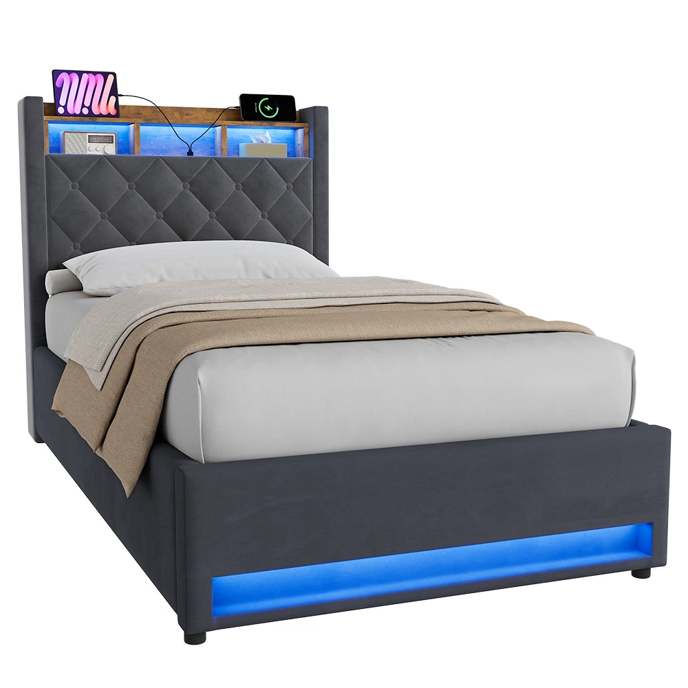 LETTO Imbottito 90 x 200 cm in Velluto Grigio con LED, USB e Contenitore