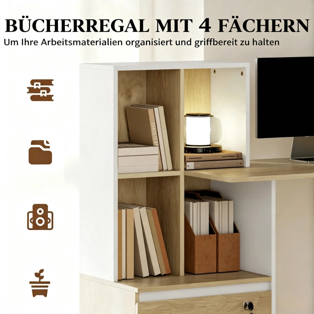 SCRIVANIA COMPUTER 126x50x109 cm con 4 vani e cassetto chiudibile Bianco e Rovere chiaro