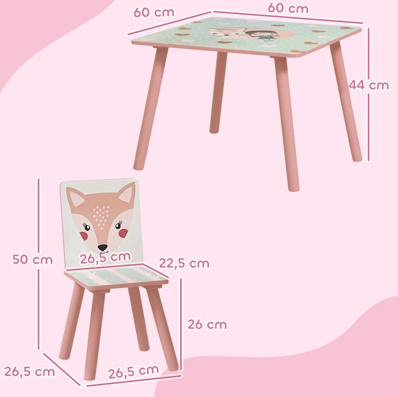 Set tavolo e 2 sedie per bambini 60x60x44 cm in pino rosa, per cameretta