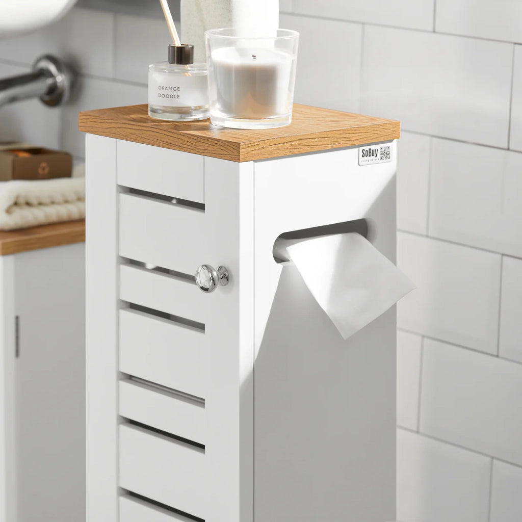 Porta Carta Igienica Colonnina Da Bagno Mobiletto Mobile Bagno Bianco-Naturale 20x18x75cm BZR85-W