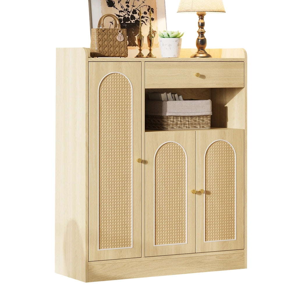 Scarpiera in rattan con 3 ante e ripiani regolabili, per ingresso e sala da pranzo, finitura naturale, 90 × 35 × 110 cm