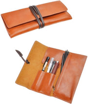 Etui in pelle artigianale, astuccio per penne, astuccio in stile vintage, marrone