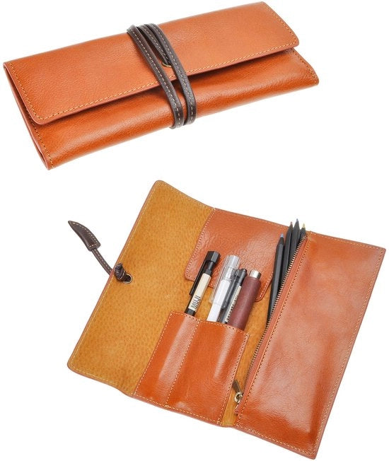 Etui in pelle artigianale, astuccio per penne, astuccio in stile vintage, marrone
