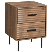 Comodino a 2 cassetti in truciolato marrone chiaro con gambe in metallo mobile contenitore moderno design scanalato camera da letto