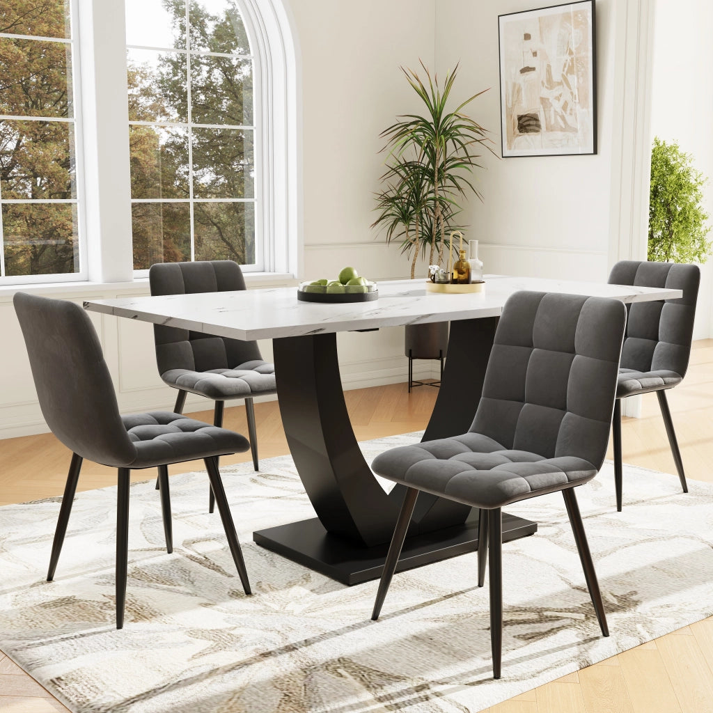 Tavolo da pranzo con piano effetto marmo, struttura in MDF e metallo, per cucina e soggiorno, bianco nero, 140 × 75 × 75,5 cm
