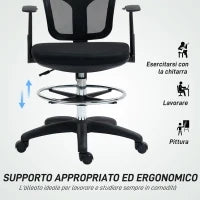 Sedia Girevole con Anello Poggiapiedi e Schienale Ricurvo, in Poliestere, Schiuma e Plastica, 55x58x94 cm, Nero