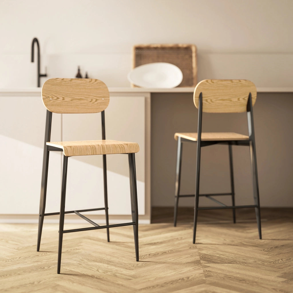 Set 2 Sedie da Bar con Schienale ¨C Zephmum ¨C Legno e Metallo, Colore Chiaro
