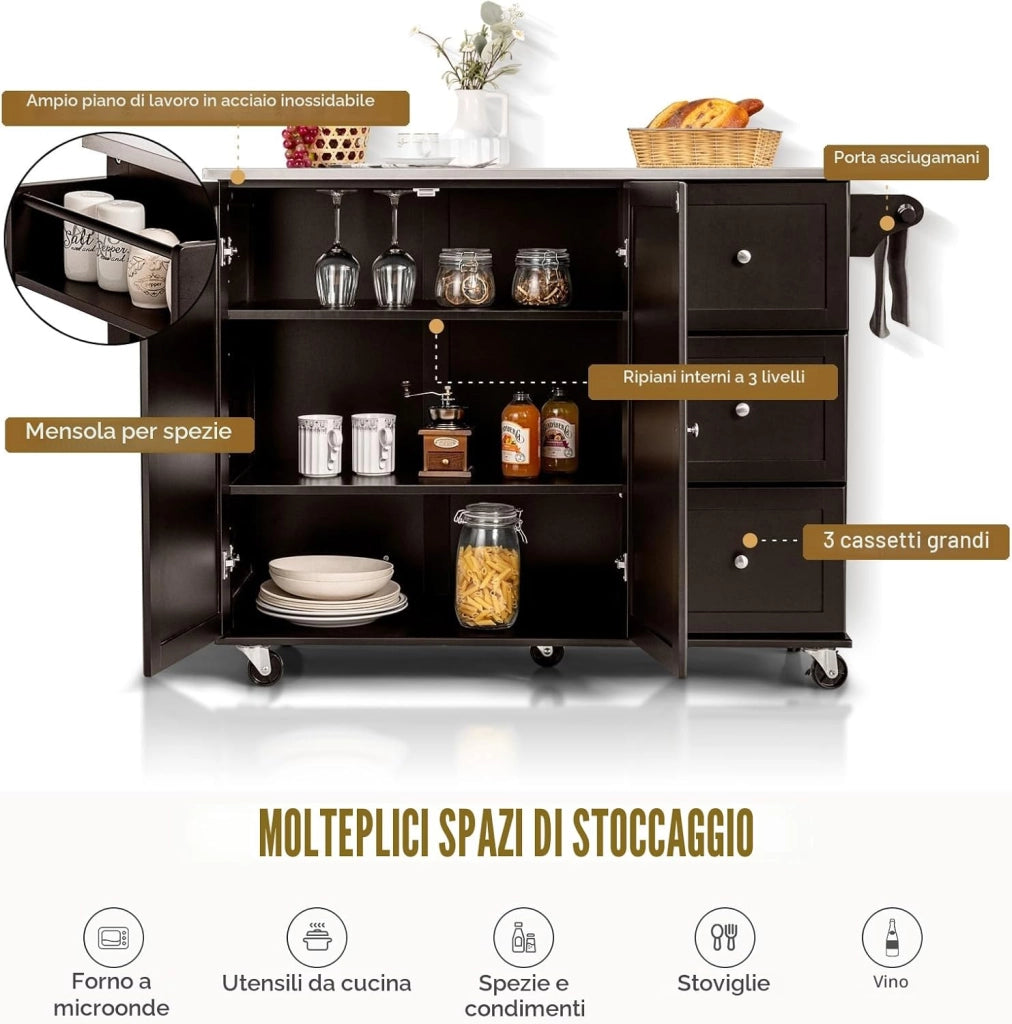Isola da cucina mobile con piano di lavoro in acciaio inox, carrello da cucina con 3 cassetti e portasciugamani e ripiano regolabile, armadio da cucina su ruote, trolley da cucina 135 x 45,5
