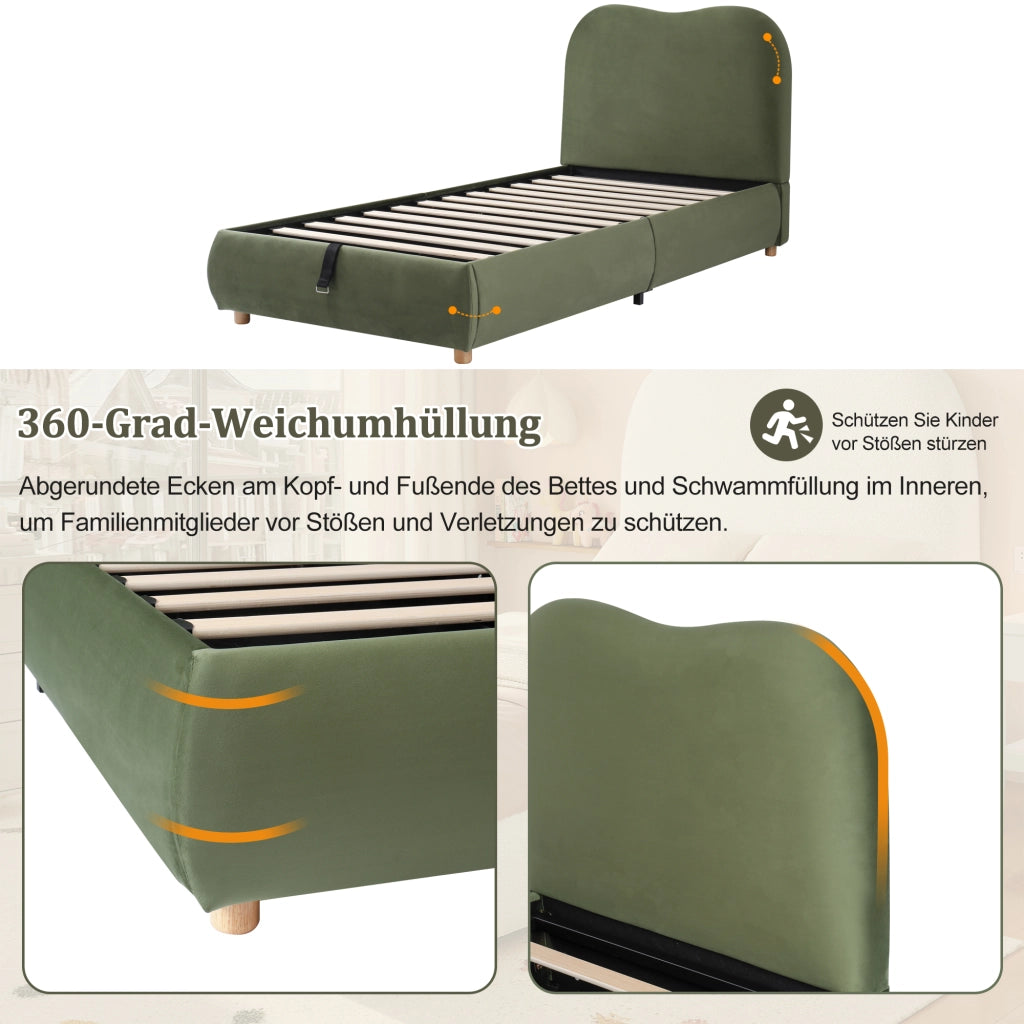 LETTO Singolo 90x200 cm in Velluto Verde con contenitore idraulico