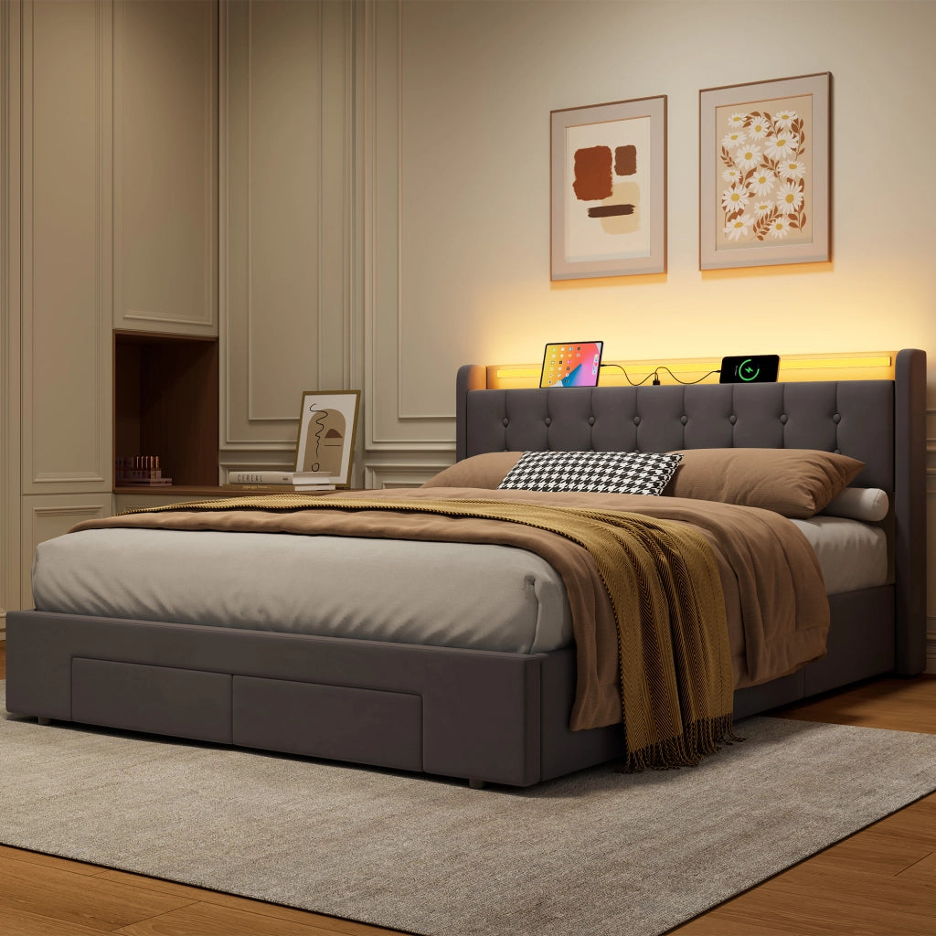 160x200 cm in velluto grigio scuro con contenitore, 2 cassetti, USB e luce d'atmosfera