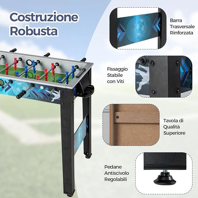 Calcio Balilla per Bambini e Adulti, Tavolo da Calcio con 2 Palloni, Manico Liscia, 18 Giocatori Realistici, Mini Calcetto con Versatile per Sala Giochi, Ufficio e Festa, 95 x 53,5 x 76,5 cm
