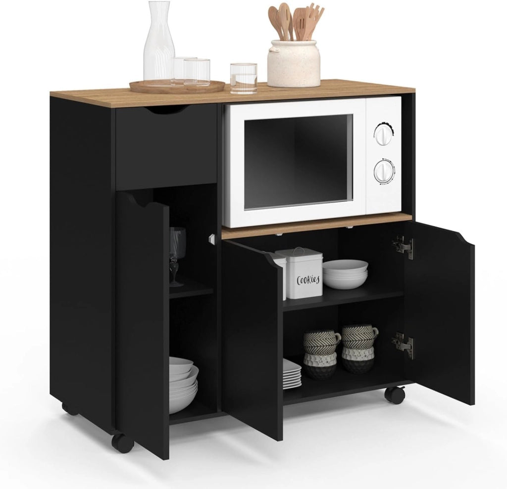 Credenza COSI XXL per microonde con cassetto in legno nero e ripiani in faggio L.90 cm