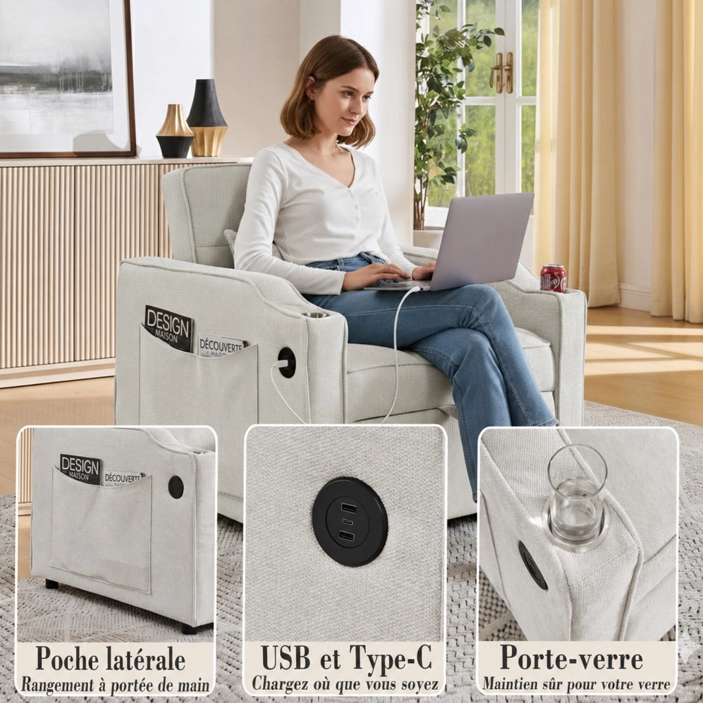 Poltrona letto convertibile con schienale regolabile a 3 posizioni e porte USB e USB-C in tessuto beige 190 × 85 × 86 cm