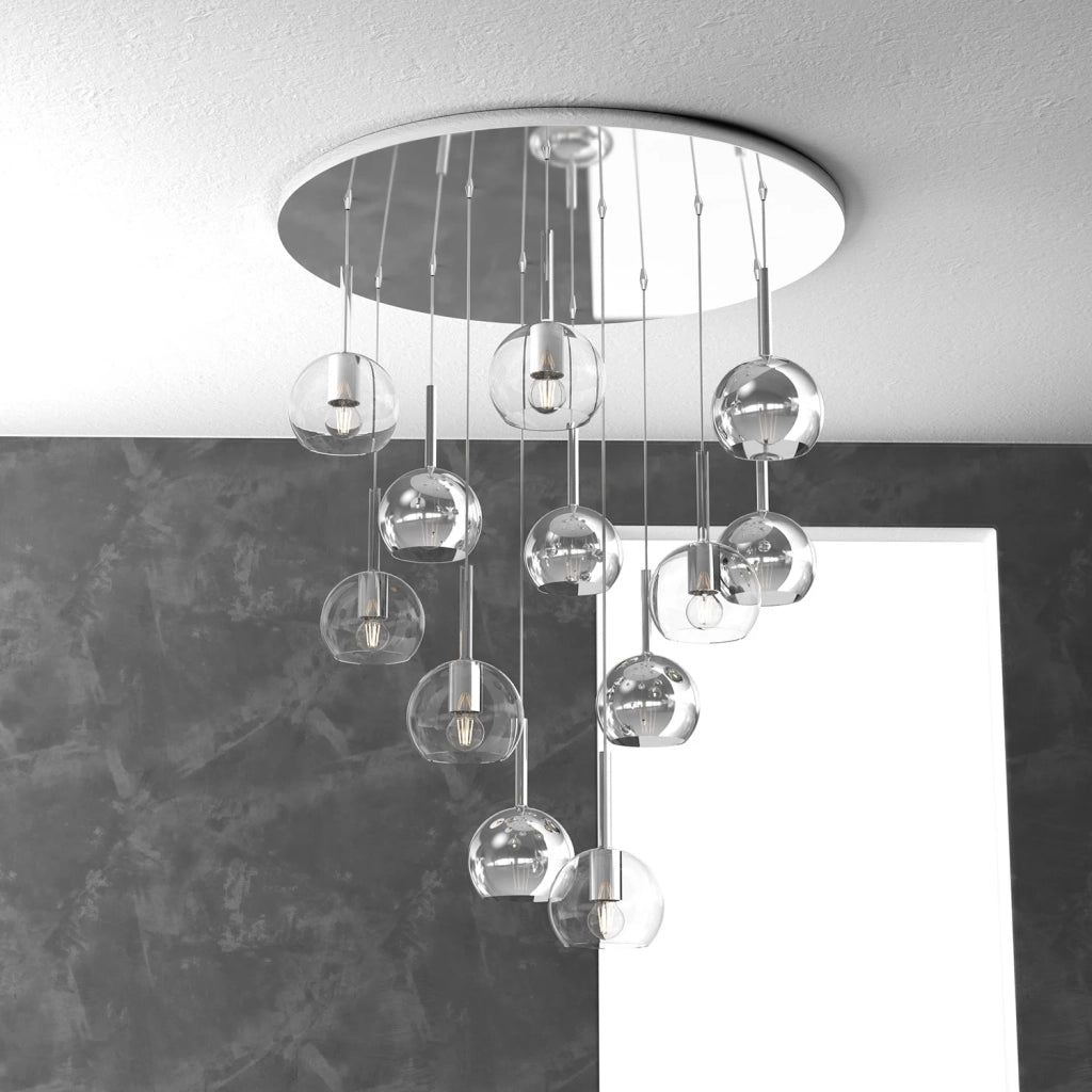 Lampadario Contemporaneo Future Metallo Cromo Vetro Trasp-Cromo 12 Luci E27