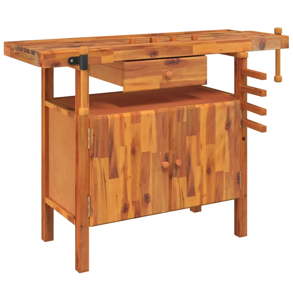 Banco da lavoro con cassetto e morse 124x52x83 cm in legno massello di acacia CFW4357158