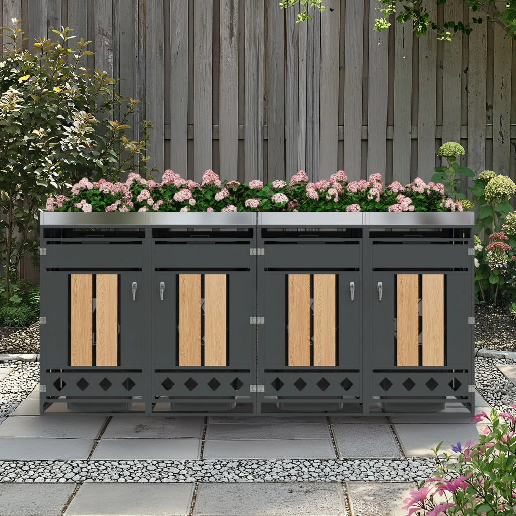 Cassetta rifiuti da giardino con fori di ventilazione diamantati compartimenti multipli chiusura a chiave quattro porte spazio per piante finitura venatura legno resistente e funzionale per esterni