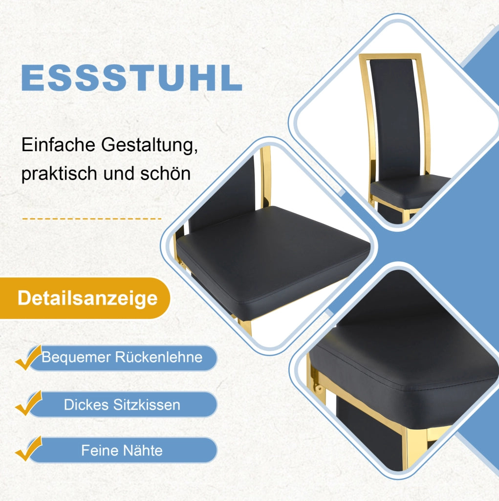Set di 4 sedie da pranzo nere e oro in PU, H 109 cm