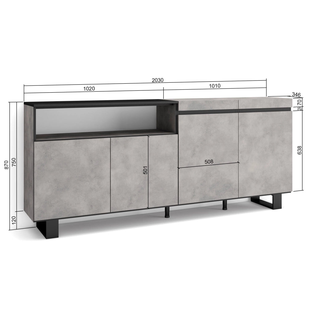 Credenza, Mobile, 200x35x87cm, 4 Porte, Design industriale, grigio cemento RF2368