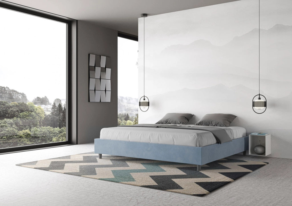 BS COM Letto senza rete imbottito 180x200 microfibra azzurro