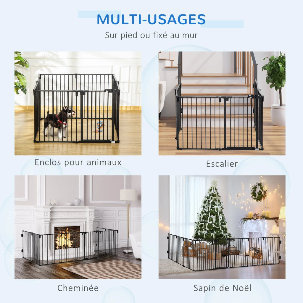 Barriera di sicurezza per camini recinto per cani pieghevole modulabile 8 pannelli con porta ¨C zephmum ¨C 482,5x76 cm nero