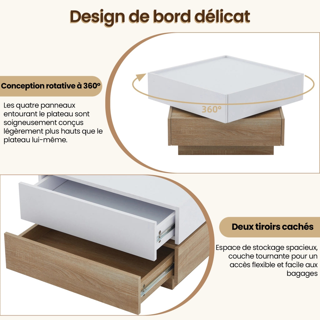 Tavolino da caffè con 2 cassetti e piano girevole 360° per soggiorno 60×60×38 cm