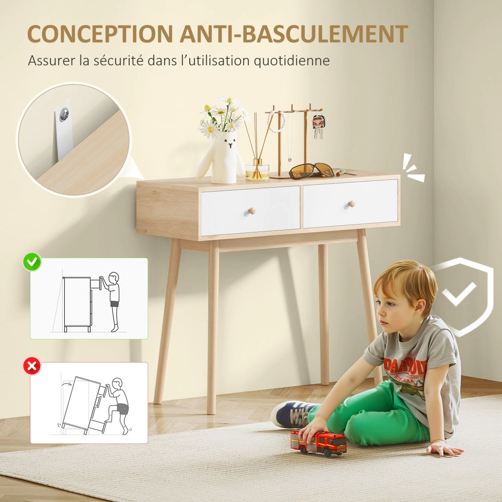 Tavolo console con 2 cassetti e gambe in legno ¨C Zephmum ¨C Bianco e quercia 86x35x75