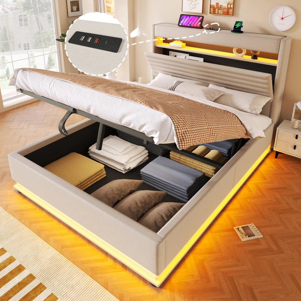 DESMIU Letto contenitore 140 × 200 cm 2 posti con LED, USB Type-C, vano idraulico, senza materasso, in lino, beige