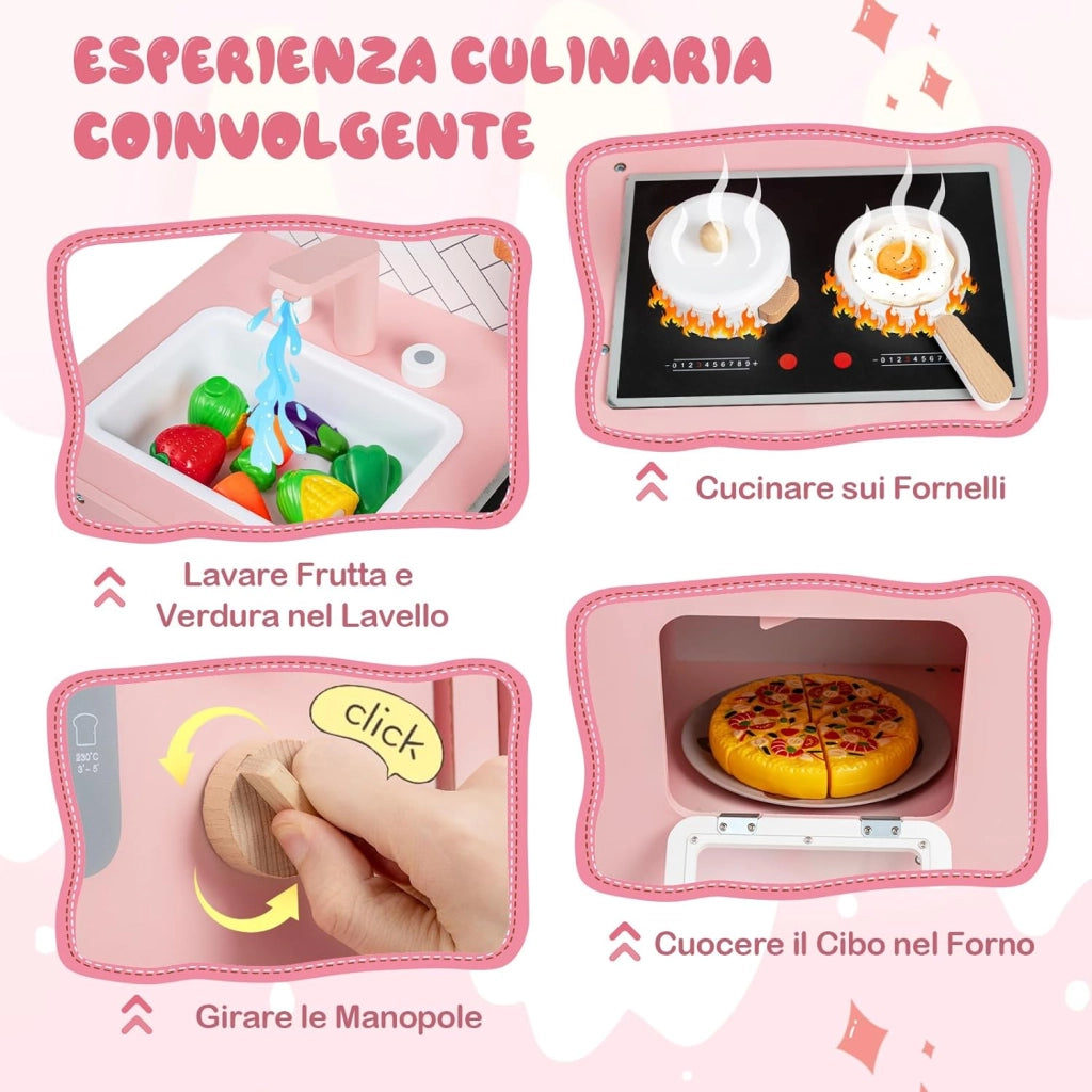 Cucina Giocottolo in Legno per Bambini, Set Gioco di Ruolo Chef con Luci e Suoni, Forno, Fornelli, Microonde e Accessori Vari, Adatto a Bambini 3+ Anni, 58 x 29 x 73,5 cm