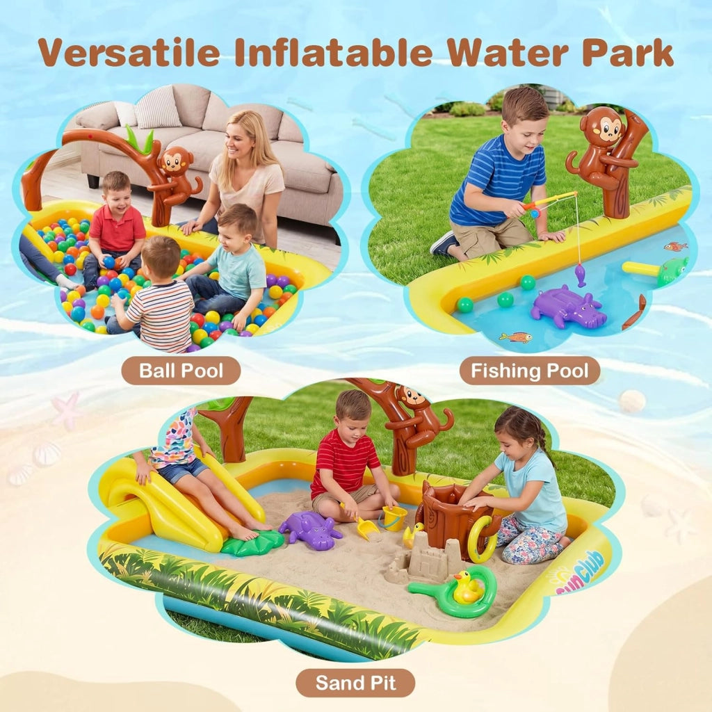 Piscina Gonfiabile per Bambini, Piscinetta Fuori Terra con Scivolo, Giocattoli di Scimmia, Ippopotamo e Anatra, Parco Gioco Acquatico Esterno per Giardino e Cortile, per Bambini 2-6 Anni
