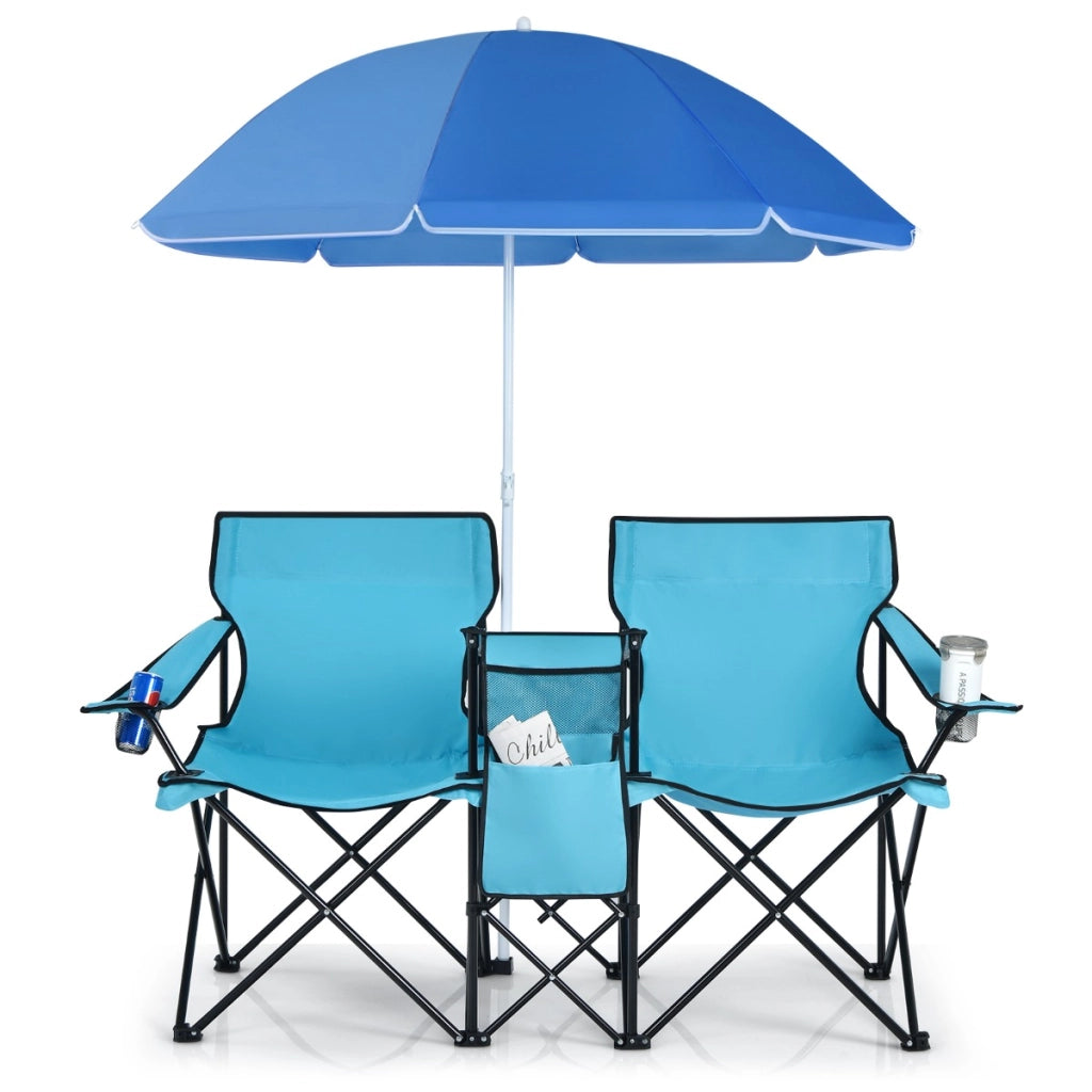 Sedia da picnic in acciaio portatile e pieghevole-Sedia da esterno con ombrellone mini tavolo porta bevande Azzurro