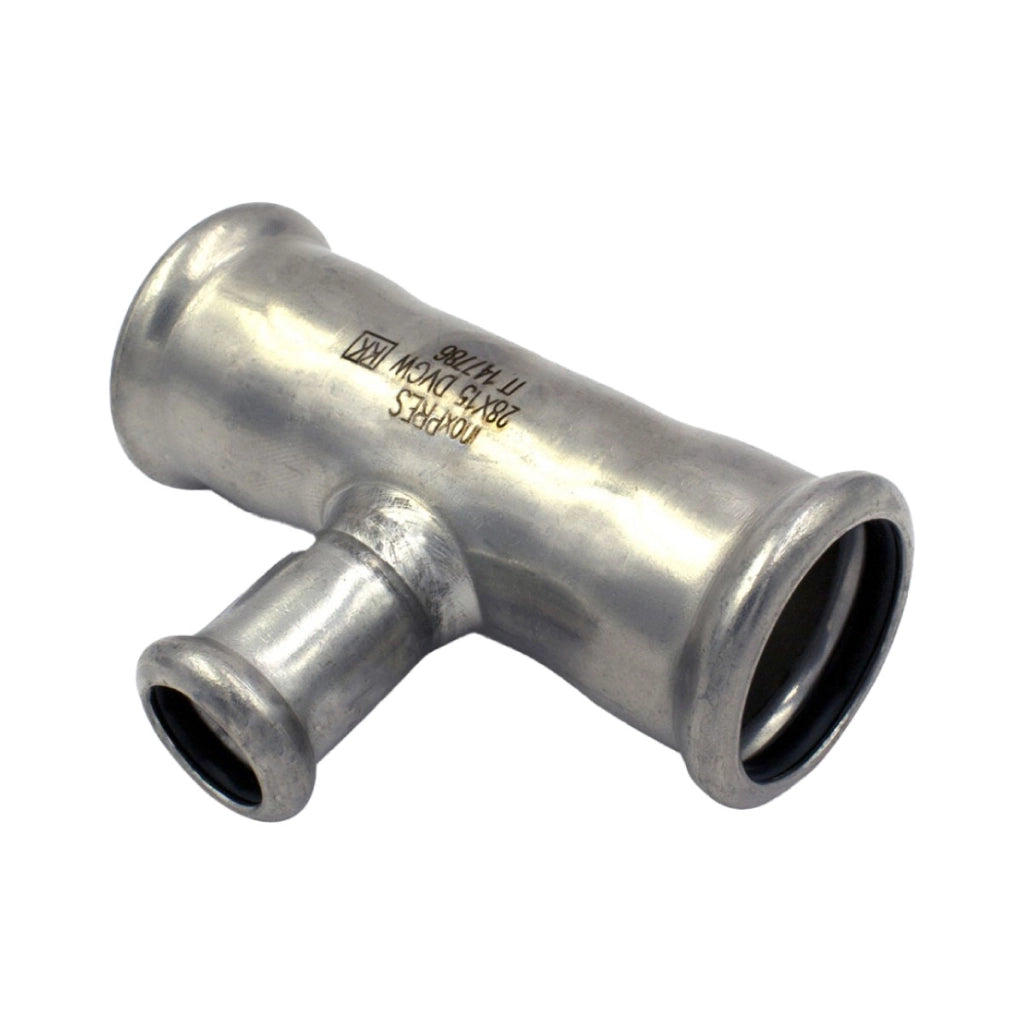 RACCORDO A T A PRESSARE INTERMEDIO RIDOTTO IN ACCIAIO INOX SERIE INOXPRESS UNIKO - ø28Xø22Xø28  - RMR
