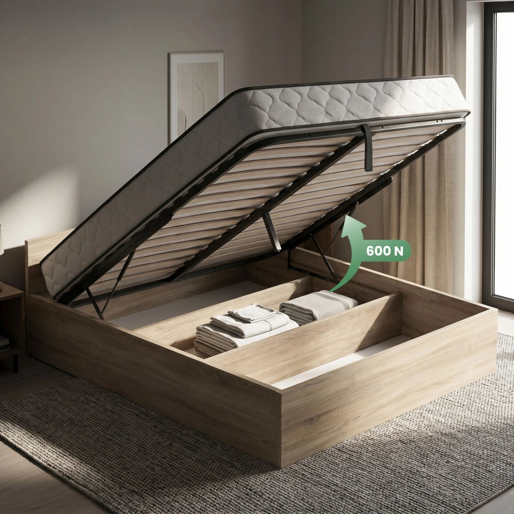 Letto con contenitore 160x200 cm rete sollevabile in metallo e materasso a molle Rovere Sonoma