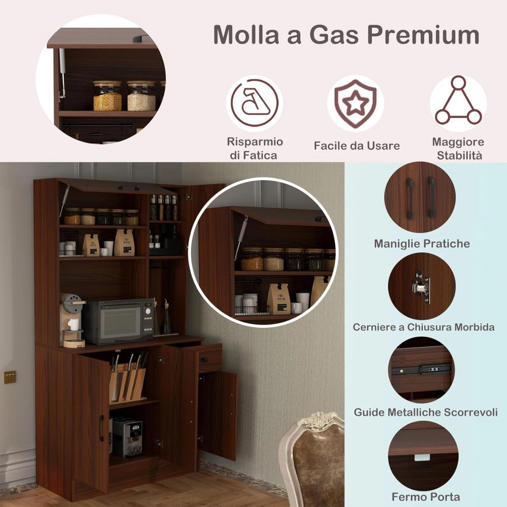 Credenza Alta da Cucina con 5 Ante e Cassetto, Armadio Dispensa da Cucina con Presa Elettrica, Mobile Cucina con Ripiani Regolabili per Sala da Pranzo e Soggiorno, 90 x 39 x 167 cm (Noce)