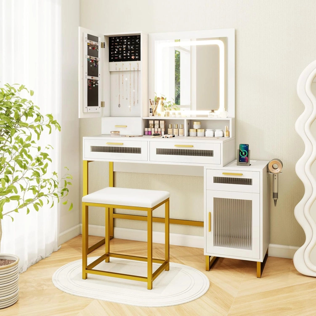 Set da toeletta con specchio e luci LED tricolore, tavolo da trucco con sgabello imbottito, stazione di ricarica, con cassetti, armadio di gioielli e ripiani, 112 x 39,5 x 145 cm, bianco