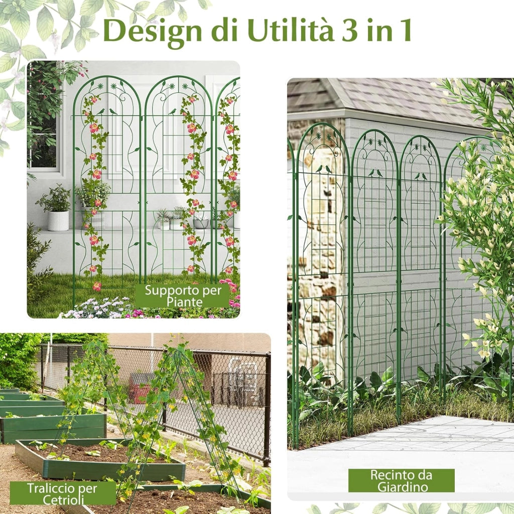 Traliccio da Giardino in Metallo 180 x 50 CM, 4 Pannello di Recinzione Antiruggine per Piante Rampicanti, Rose e Verdure, Decorazione Esterna per Giardino, Cortile, Patio (Verde)