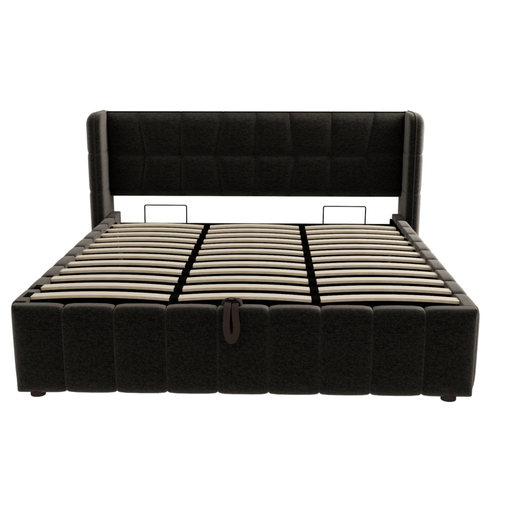 Letto contenitore imbottito 180x200 cm con rete a doghe e testiera grigio