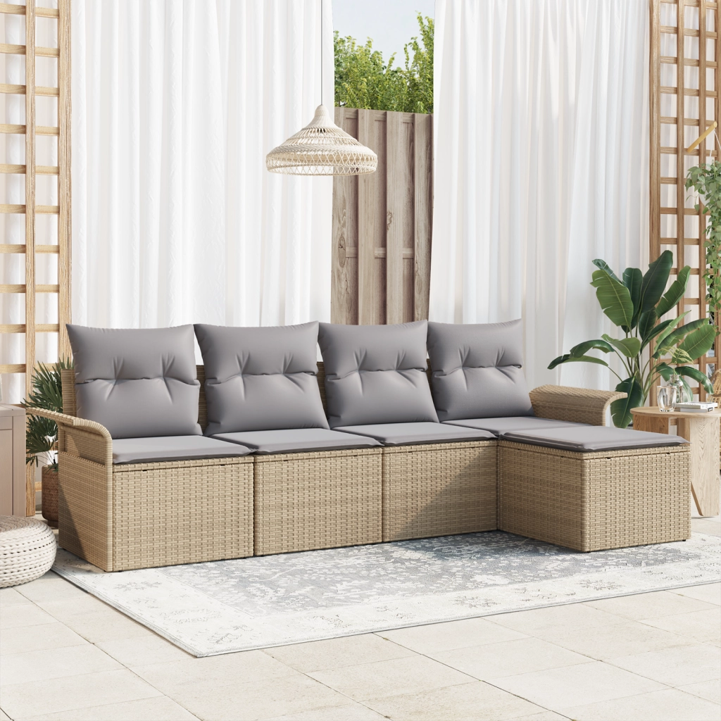 Set di divano da giardino a 5 pezzi con cuscini in polyrattan beige