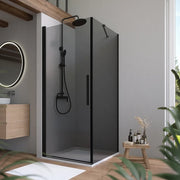 Box doccia 75x70cm con apertura a battente e parete fissa, profili nero opaco e vetro da 6mm fumè h195 | Elba