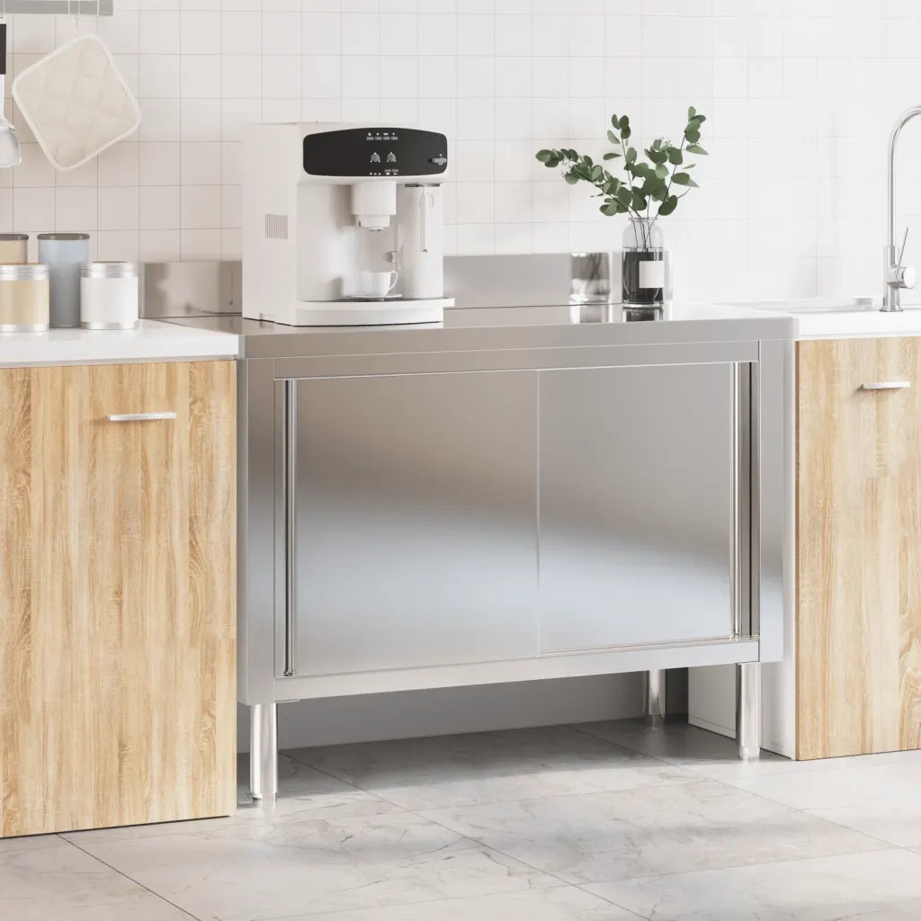Tavolo da Lavoro per Cucina con Ante Scorrevoli in Acciaio Inox 376441