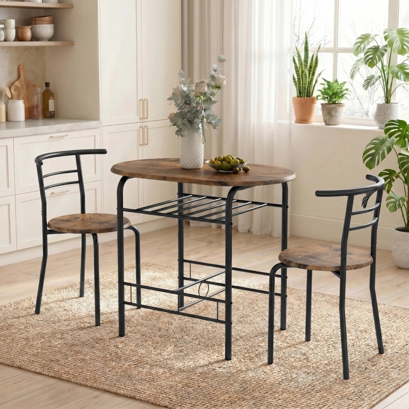 Set tavolo da pranzo 3 pezzi per 2 persone con ripiano; 80x52x76 cm; marrone rustico