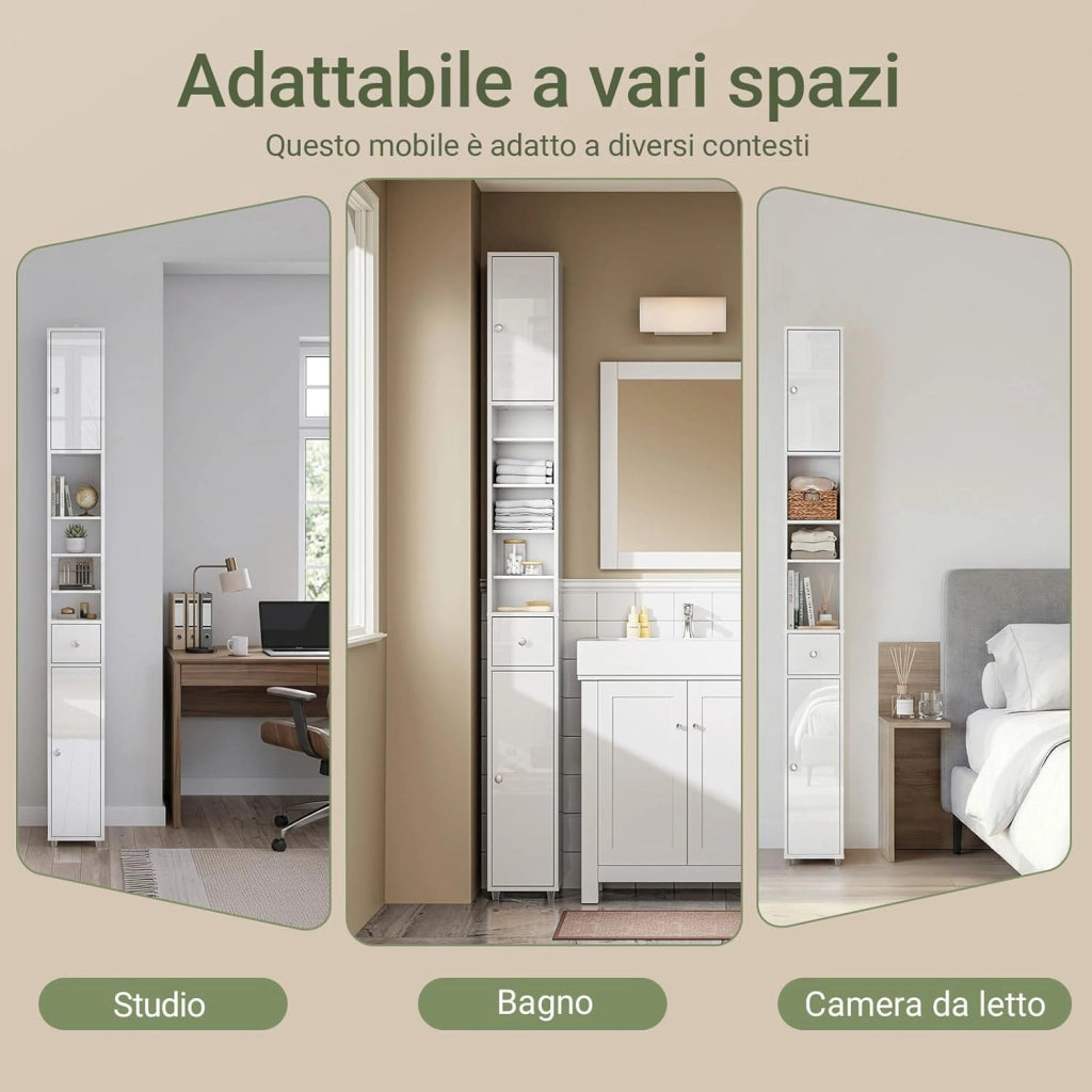 Bianco Lucido Mobile Bagno Salvaspazio Colonna Bagno - Mobiletto Bagno Stretto 20x20x180cm con 6 Ripiani Regolabili e Cassetto - Armadietto Bagno Alto per Piccoli Spazi BZR167-GW