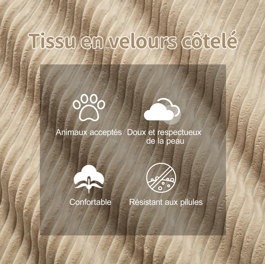 Divano modulare 4 posti in velluto di cotone beige, senza gambe, con seduta profonda e base antiscivolo