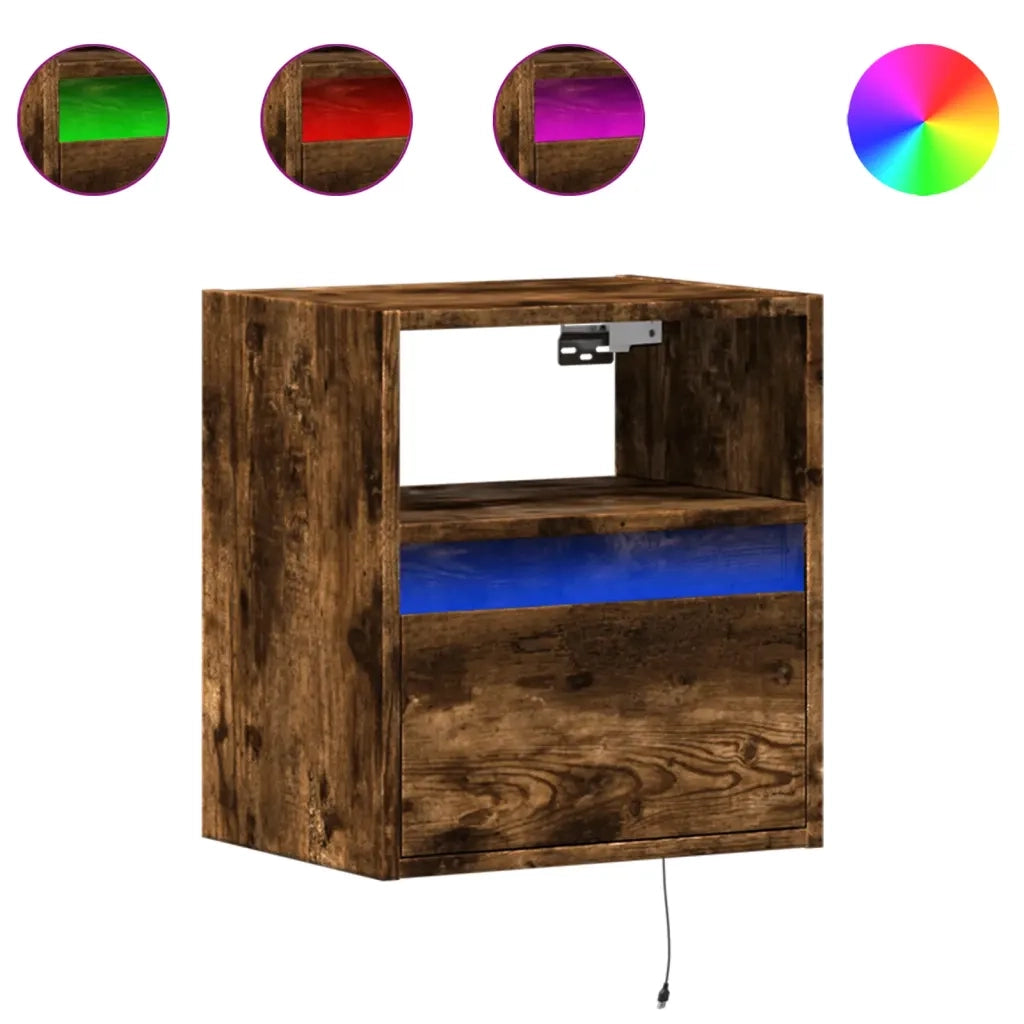 Comodino a Parete con Luci LED-Tavolino da notte sospeso Rovere Fumo 758569