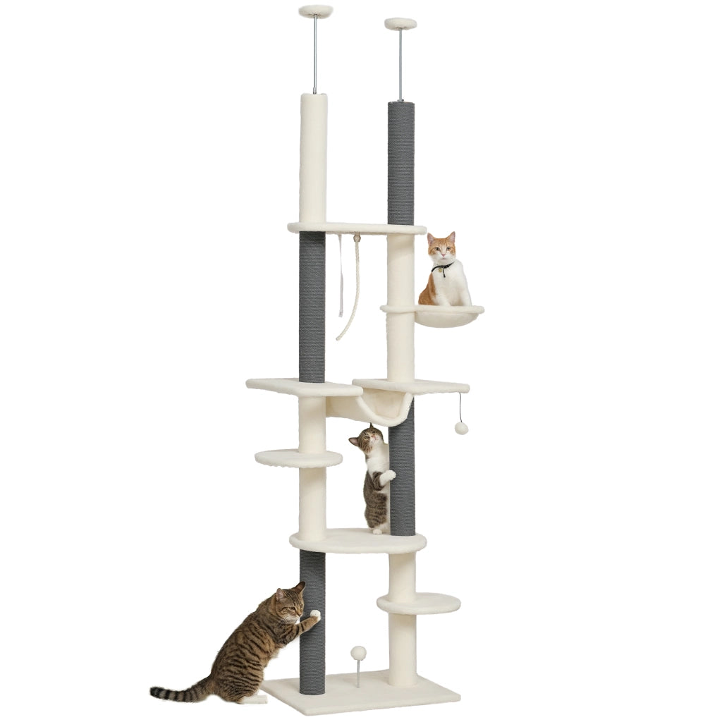 Albero tiragraffi per gatti regolabile con piattaforme e amaca ¨C zephmum ¨C Bianco 225-255 cm