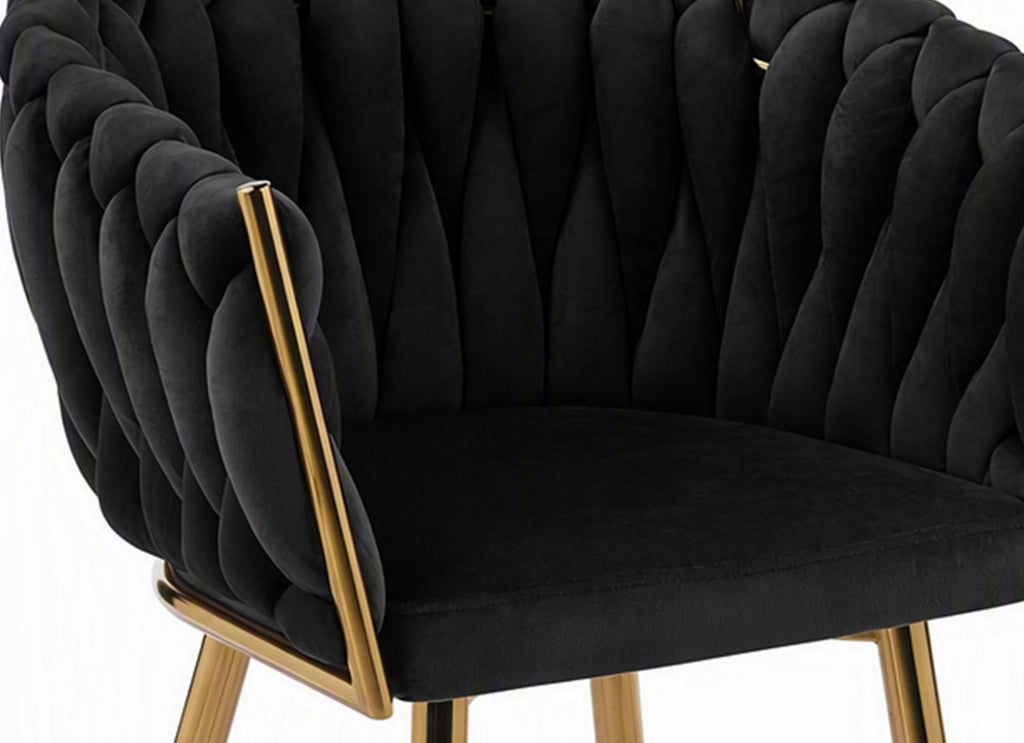 Poltrona Con Schienale In Velluto Intrecciato Design Moderno, Sedia Imbottita Circolare con Gambe in Metallo Placcato Oro Poltroncina Sala Pranzo Camera Salotto Cucina con Seduta Morbida Nero