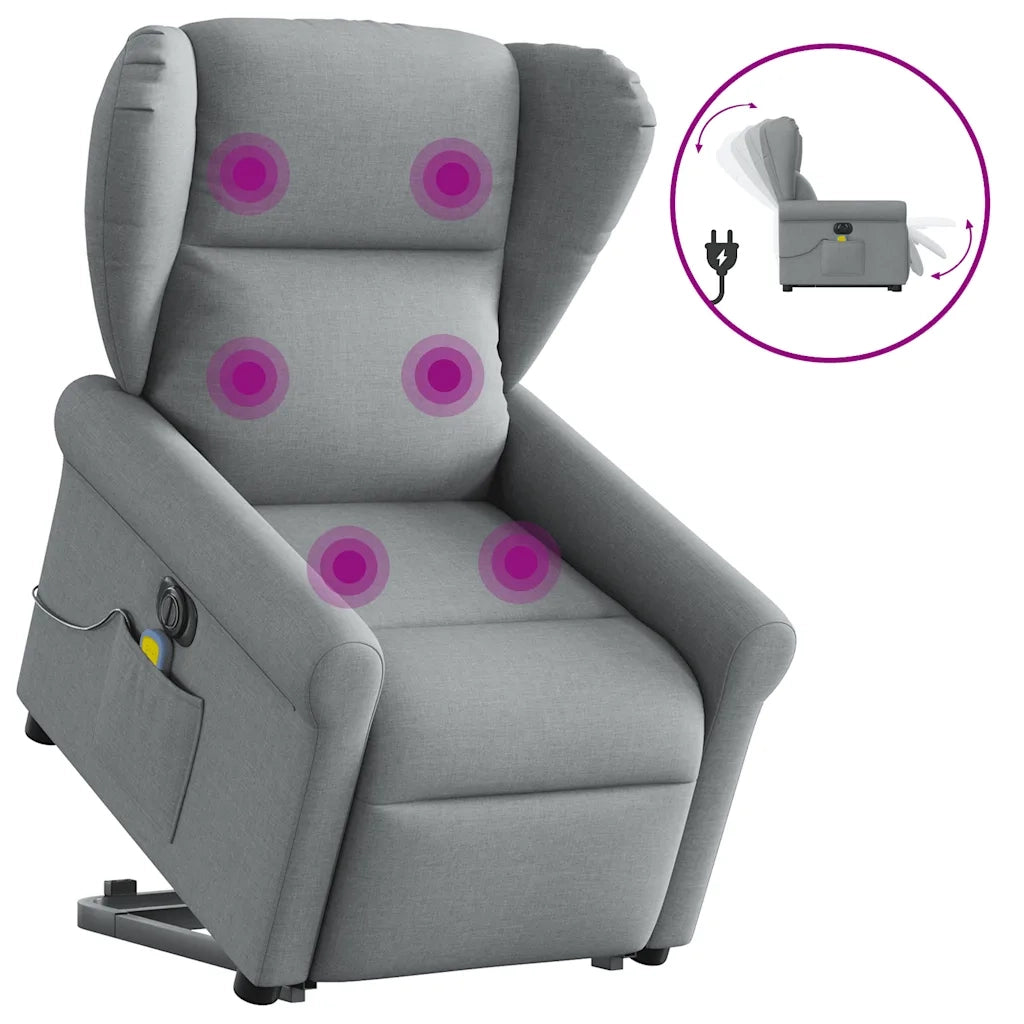 vidaXL Poltrona Alzapersona Massaggi Elettrica Grigio Chiaro Tessuto