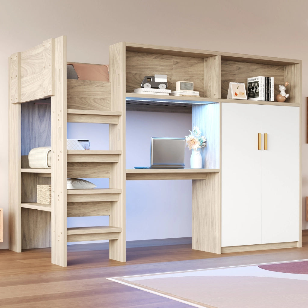 Letto a soppalco 90x200 cm con scrivania; armadio; ripiani e LED in MDF